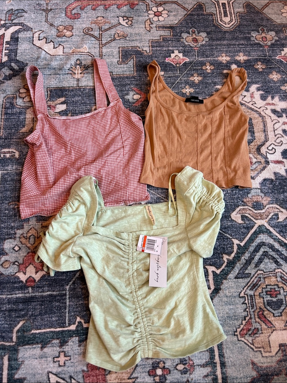 American Eagle and others 3-Pack Cropped Tanks — Sage Green, Pink Gingham & Tan